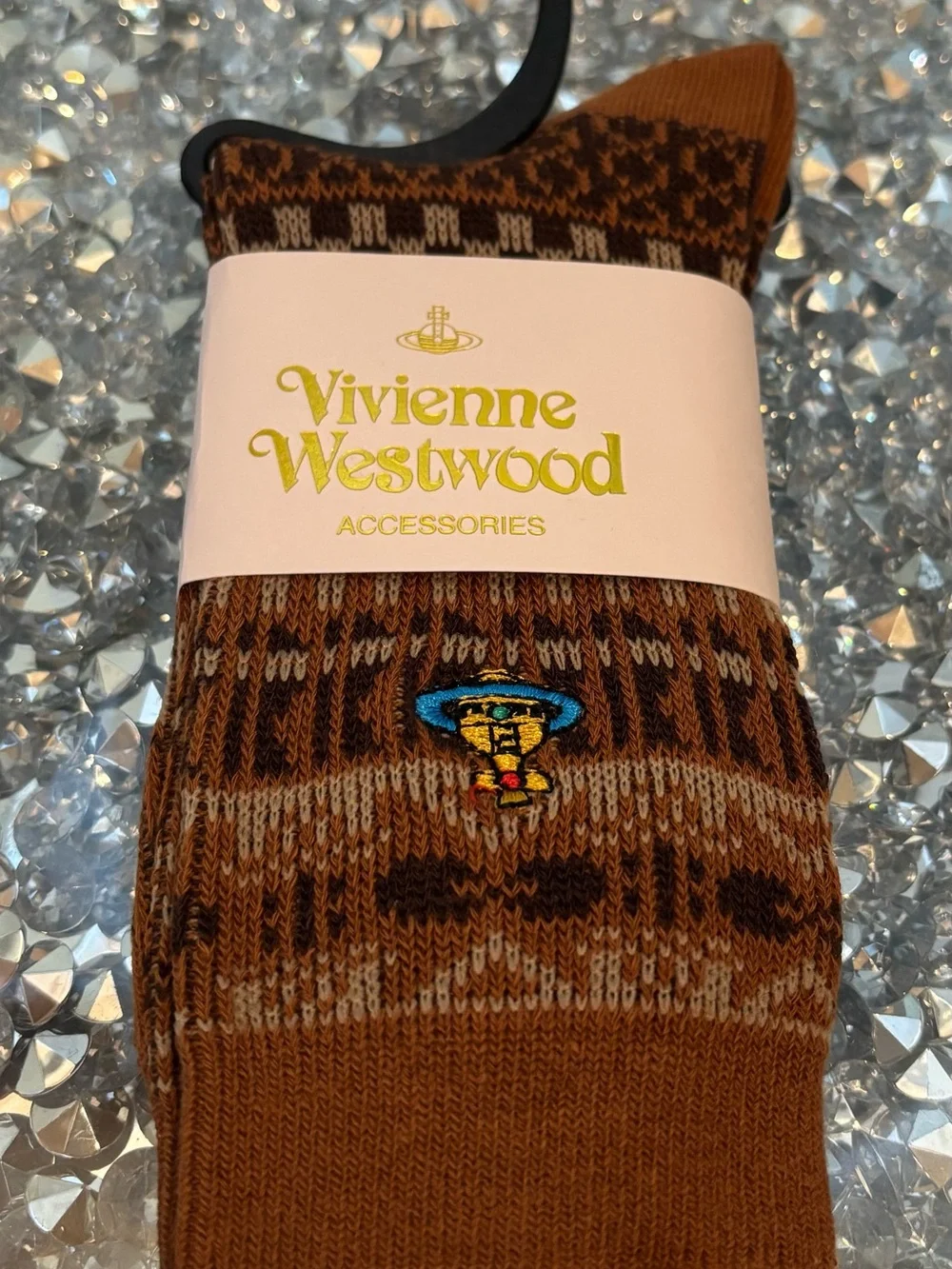 Vivienne Westwood Japan Orb Crew Socks Brown Fair Isle Leopard NWT Rare